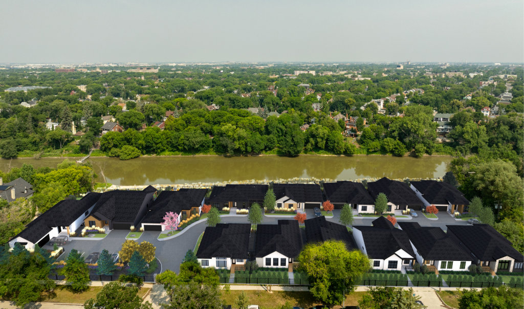 Assiniboine river arial view showing rendering with new development