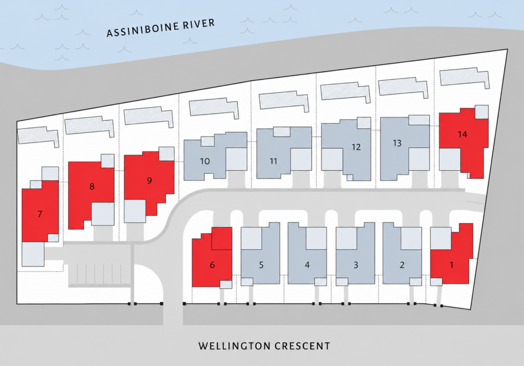 Illustrated map shows that units 1, 6 through 9, and 14 have sold.
